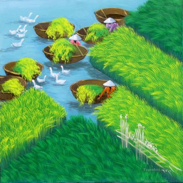 Temprano en la mañana en el campo de arroz asiático vietnamita Pinturas al óleo